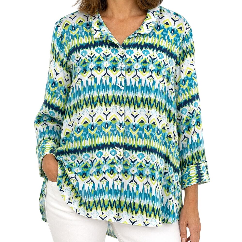 Ali Miles Plus Size 1X LINEN BLEND Tropical Blouse Shirt Top Wearable Art Artsy